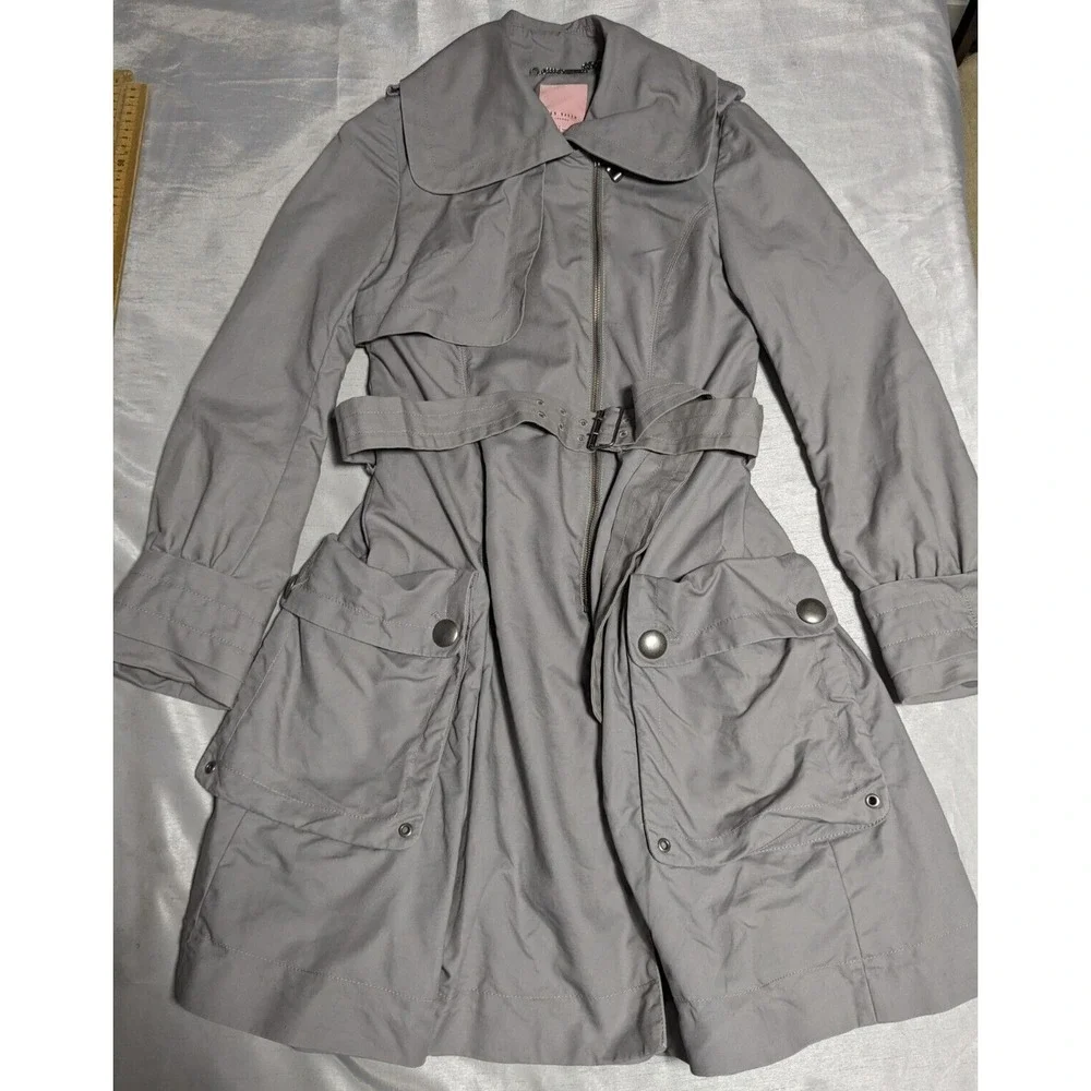 TED BAKER LONDON Women Size 2 Gray Belted Lined Full Zip Trench Coat - Picture 6 of 16